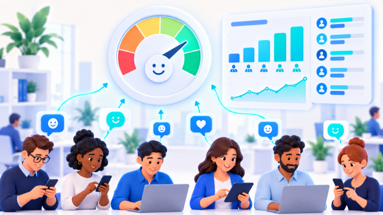 Baromètre social affiché sur un tableau de bord avec les scores d'engagement par équipe